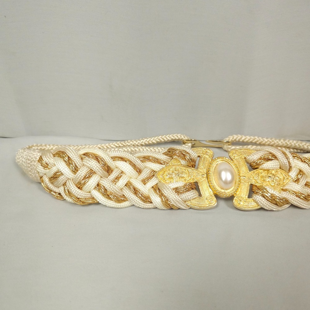 Vintage Braided Rope Cinch Belt Women M / L Gold Ivory White Faux Pearl Glam - Picture 2 of 12
